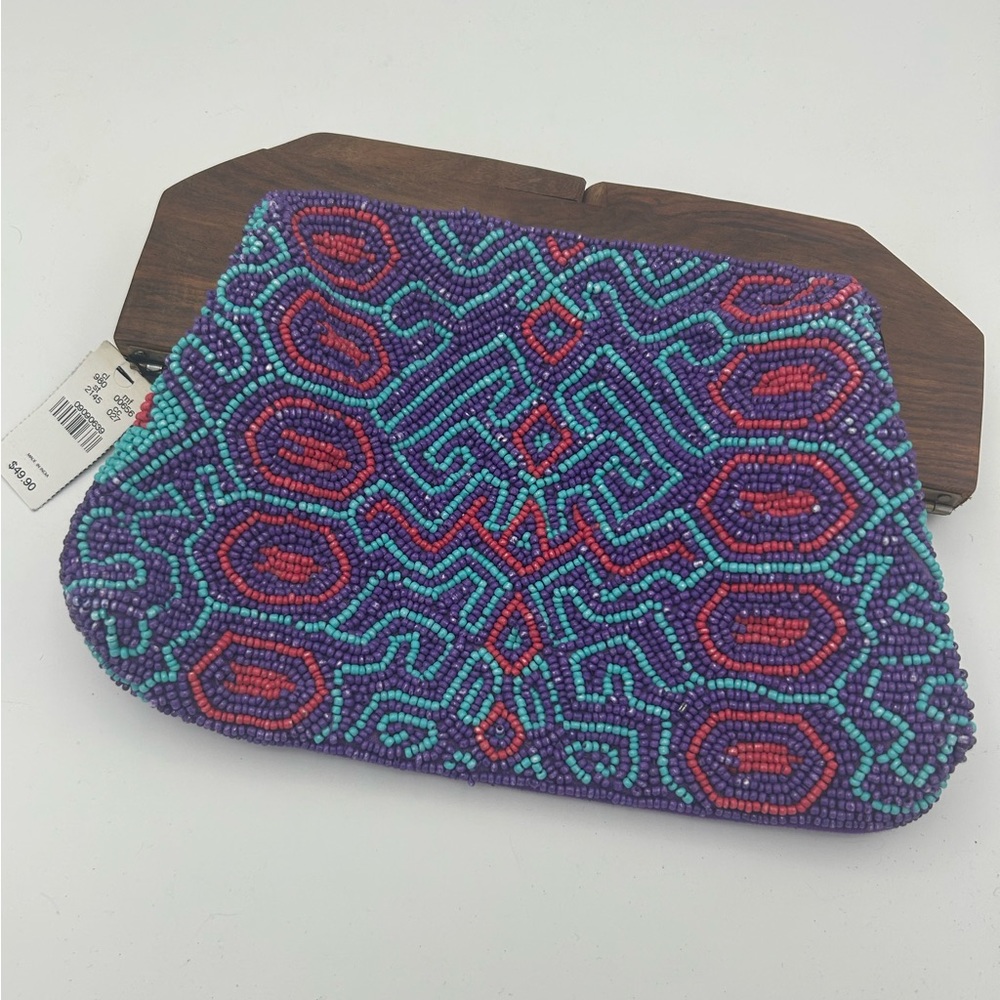 NEW Express Beaded Clutch Purple Blue Red Swirls Wooden Handle